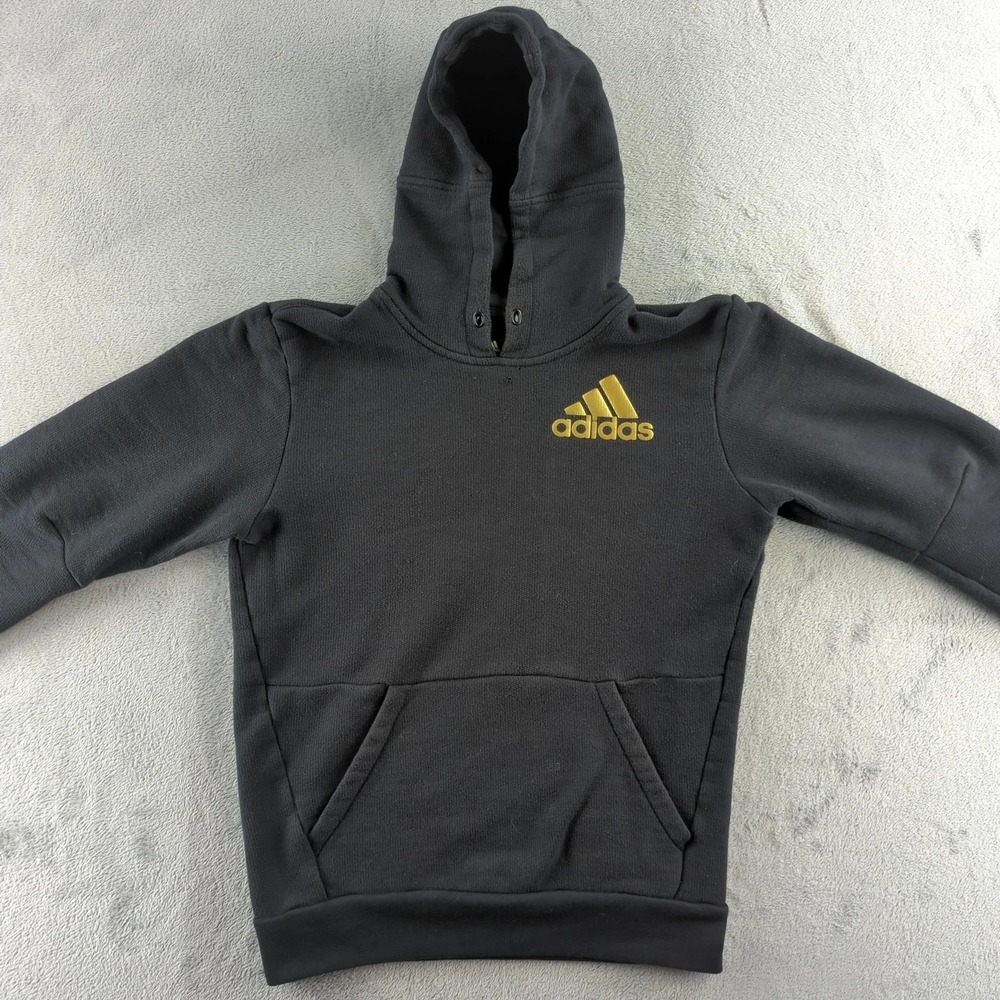 Adidas‎ Hoodie Mens Medium Black Gold Logo Pullover Sweatshirt Kangaroo Pocket